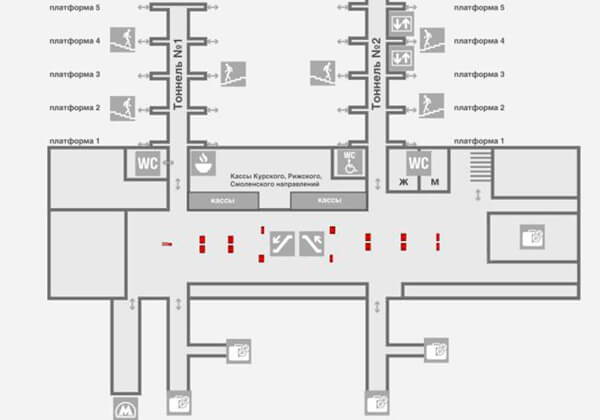 Layout plan of monitors at the Kursk railway station, ground floor