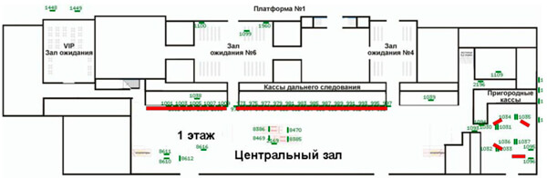 Схема расположения мониторов на Курском вокзале, первый этаж